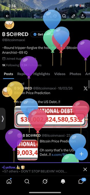 A screenshot of an X (formerly Twitter) profile page for "B $C@RCD @Bitcoinmaxxi," a verified Bitcoin-focused account with 1.9K followers, displays posts about U.S. national debt exceeding $33 trillion and Bitcoin price predictions. Festive balloon overlays decorate the image, suggesting a celebratory post marking 3 years of contributing to the Bitcoin Twitter community, with the caption "3 years in bitcoin twitter / And it is better because of me / You are welcome."
