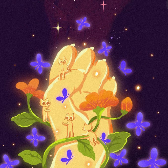 An illustration depicts a glowing golden hand cradling small orange cat figures among flowers, set against a starry purple night sky with blue butterflies fluttering around.