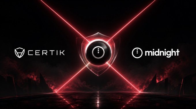 A promotional graphic featuring the Certik and midnight logos on a dark background with red X-shaped laser beams and a central shield emblem.