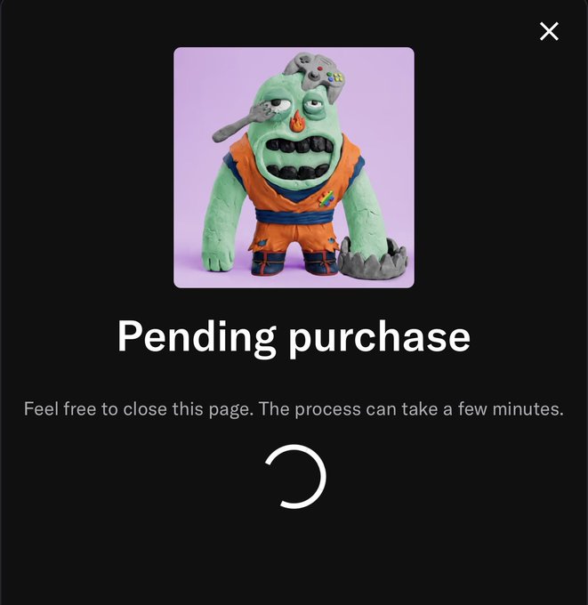 A digital interface showing a 'Pending purchase' screen for a 3D green zombie-like character figurine with a wrench, featuring a loading spinner.