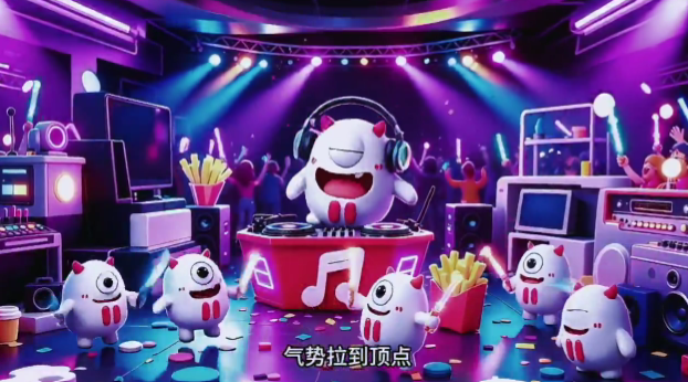 The image features a cartoon scene of a group of white and pink characters dancing at a party. The characters are standing around a DJ booth with a red drum set, surrounded by various party decorations such as confetti and streamers. A TV screen is also visible in the background. The text on the post reads "This is pretty fun, huh I thought TRON Bull had been revamped, and now there' s even a theme song made by AI A TRON Bull wearing a cap, rampaging with blaring sound from the lawn to the club... Just imagining it makes me chuckle a bit, right AI".