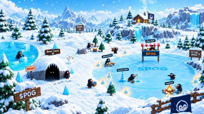 A vibrant digital illustration of a snowy winter scene titled 'SPOG' featuring penguins engaged in various activities like ice fishing, cooking, and skateboarding, with signs labeling areas such as 'Bear cave' and 'Workshop'.