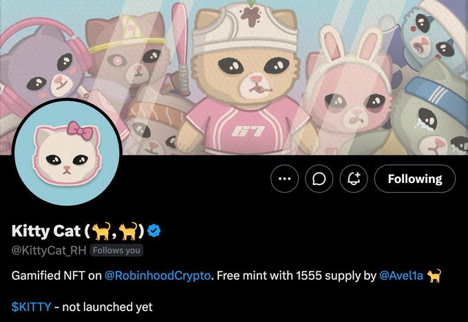 A Twitter/X profile for 'Kitty Cat (@KittyCat_RH)' featuring cartoon cat mascots and promoting a 'Gamified NFT on @RobinhoodCrypto.'