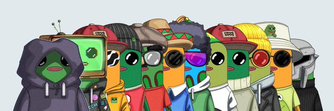 A cartoon illustration featuring a group of Pepe the Frog characters dressed in various streetwear outfits including hoodies, caps, and sunglasses.