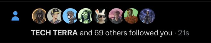 A social media notification shows "TECH TERRA and 69 others followed you · 21s" displayed above a row of colorful character profile pictures, tying into the post's excitement about receiving 69 new followers and viewing the number as a positive sign for $h0ld.