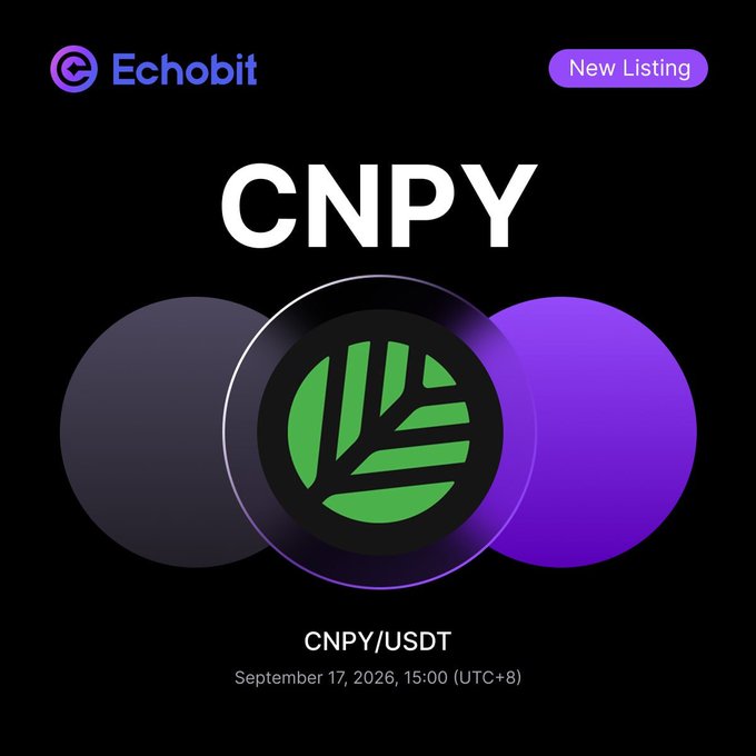 Echobit exchange new listing announcement for CNPY/USDT trading pair, scheduled for September 17, 2026 at 15:00 (UTC+8), featuring a green leaf logo.