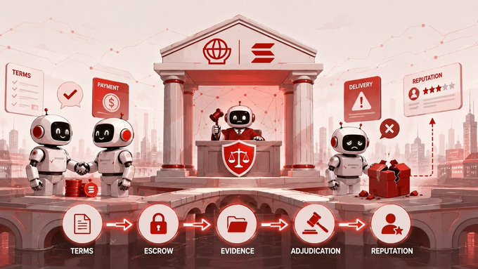 An illustration depicts a courtroom where robot "agents" engage in dispute resolution over a contract, showing stages of terms, escrow, evidence, adjudication, and reputation, with one robot presenting a broken package marked "DELIVERY" while another negotiates with "PAYMENT" and "TERMS" documents—visualizing the missing dispute resolution layer (x402 for payments, ERC-8004 for identity) that @courtofinternet adds to the agent economy stack.