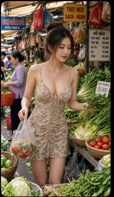 A young woman in a floral dress shopping at a Vietnamese market, holding a plastic bag of produce, surrounded by vegetables with price signs in Vietnamese including 'THỊT HEO SẠCH - NGON' and 'ĐỒ NẶU' (pork and meat prices).