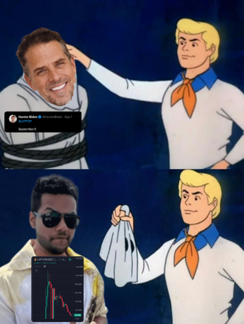 Two panels feature the "Best Buds" cartoon with Scooby-Doo characters; the top shows Hunter Biden's face superimposed on a tied-up character with a tweet from "Hunter Biden," while the bottom shows a face with sunglasses next to a declining stock chart for "LAPTOPSABC."
