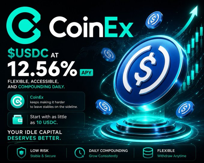 The image shows a promotional advertisement for CoinEx, which offers an opportunity to invest in cryptocurrency. The advertisement has a blue circular coin design featuring a dollar sign at its center, surrounded by various coins falling around it. The text of the advertisement indicates that users can start with as little as 10 USDC and potentially earn interest daily on their investment.

The image also includes relevant text elements such as "USDC @ 12.56% APY", which signifies a fixed return rate on the cryptocurrency investment, and "@coinexcom", signifying the cryptocurrency exchange or platform where users can invest in coinEx. The overall visual presentation emphasizes the potential growth of investing in cryptocurrency at a 12.55% APY.