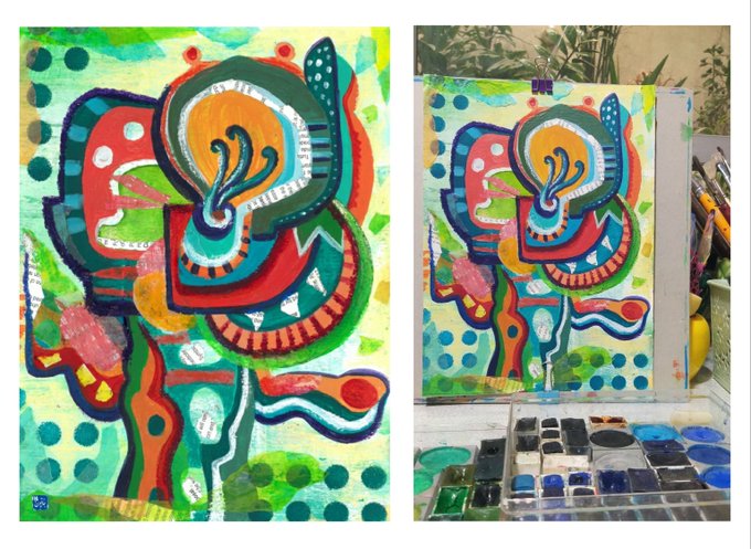 Two views of a colorful abstract painting featuring bold red, teal, and orange shapes with floral and organic motifs, displayed next to a watercolor palette.