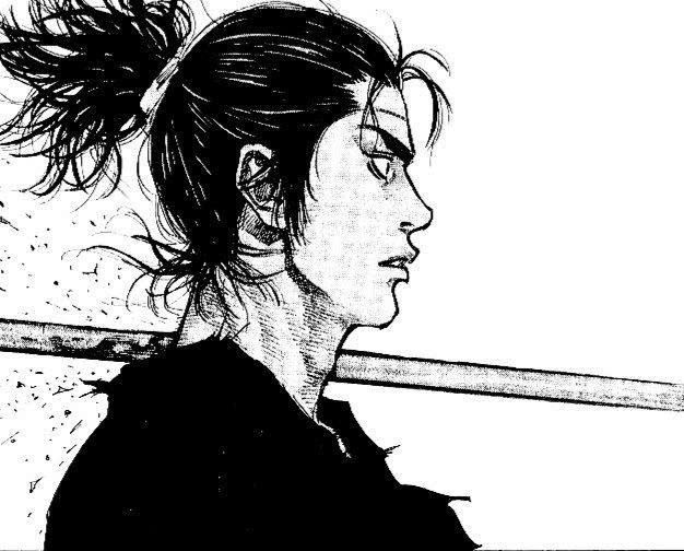 A black and white manga-style illustration depicts a young woman with her hair pulled up in a messy bun, shown in profile view.