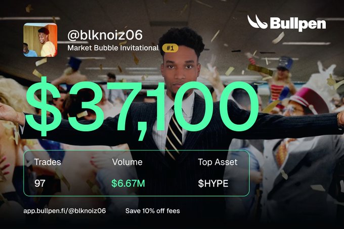 The image features a man wearing a suit, standing in front of a crowd with confetti falling around him. The text "BREAKING: @blknoiz06 holds his heavy conviction $HYPE longs while @MarcellxMarcell was short Ansem moves into first during the Market Bubble Invitational" is displayed on the image. This post seems to be related to a social media post, as indicated by the presence of the Twitter handle "BLKNOIZ06". The post also mentions trading and investing in the stock market, which could be an advertisement for a particular stock or investment opportunity.