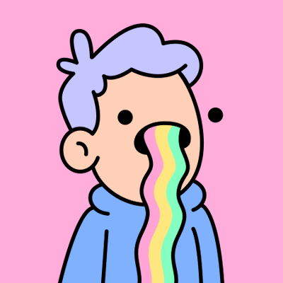 A cartoon illustration of a person with light purple hair and a blue hoodie vomiting a rainbow on a pink background.