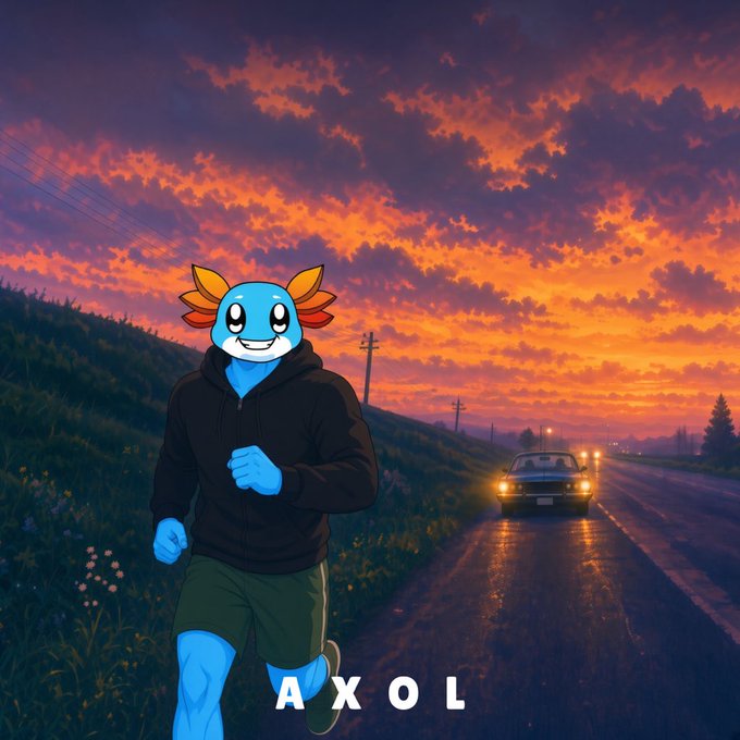 An animated blue axolotl character wearing a black hoodie and green shorts runs along a wet road at sunset, with a car approaching in the distance and the text 'AXOL' displayed at the bottom.