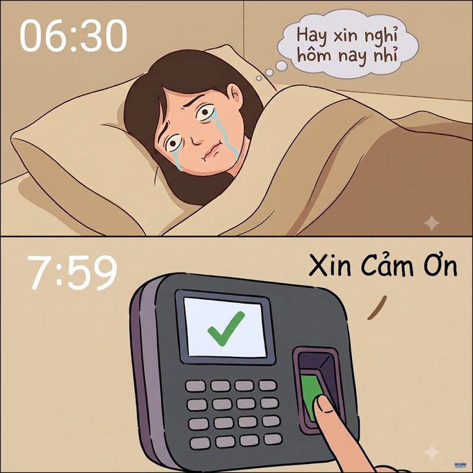 A two-panel comic in Vietnamese: the top shows a crying woman in bed at 06:30 thinking 'Hay xin nghi hom nay nhi?' (Should I call in sick today?), and the bottom shows a finger pressing a fingerprint time clock at 7:59 with a green checkmark and 'Xin Cam On' (Thank You).