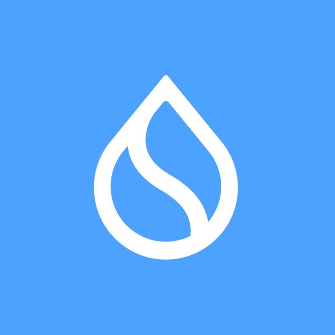 A white water drop logo on a solid blue background, featuring a stylized leaf or flame design within the droplet shape.