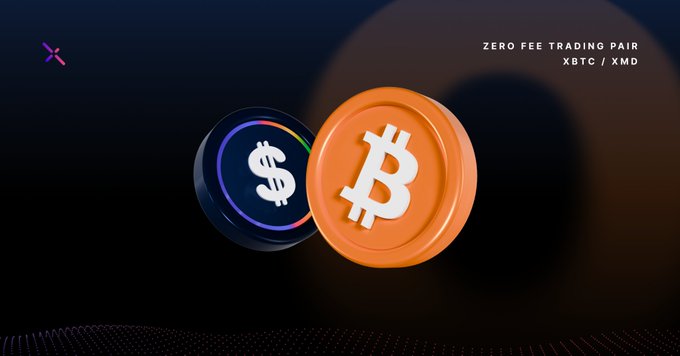 A promotional graphic featuring an orange Bitcoin coin and a dollar coin against a dark background, advertising the zero-fee XBTC/XMD trading pair available on Metal X. The accompanying post highlights that this trading pair offers zero fees, gas-free transactions, and a fully on-chain order book powered by the XPR Network.