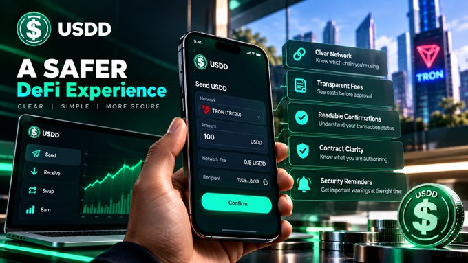 An advertisement displays 'USDD - A SAFER DeFi Experience' with features like 'Clear Network', 'Transparent Fees', 'Readable Confirmations', 'Contract Clarity', and 'Security Reminders', showing a phone interface for sending USDD on the TRON network alongside a laptop.