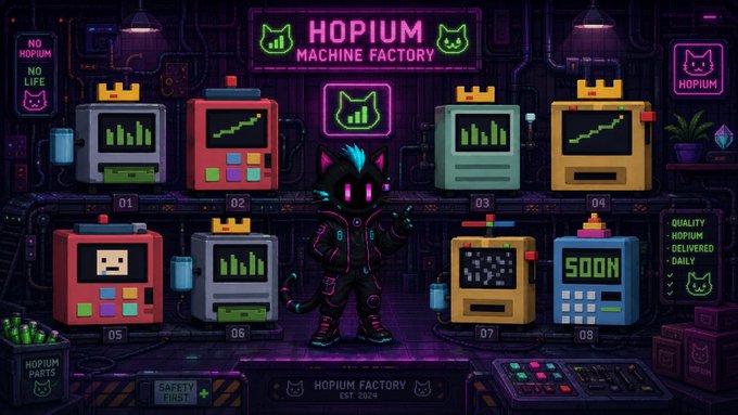 A neon-lit 'HOPIUM MACHINE FACTORY' illustration featuring numbered arcade-style machines and a black cat character in the center.