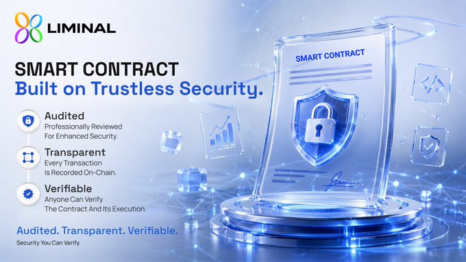 A blue promotional graphic for "LIMINAL" titled "SMART CONTRACT Built on Trustless Security," highlighting three features—Audited, Transparent, and Verifiable—alongside an image of a secure document with a padlock shield icon.