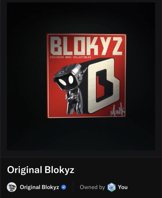 A digital collectible listing for "Original Blokyz" (an exclusive Web3 collectible featuring a metallic robot mascot and "B" logo) is shown as owned by the user, with the post offering the NFT for sale at 3 ETH.