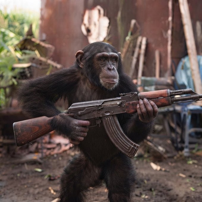 A chimpanzee stands upright holding an AK-47 rifle in a rustic outdoor setting. The image humorously pairs with the cryptocurrency hype post, evoking the "ape into" meme culture where investors aggressively "ape" into trending tokens like $5 on DEX or Pump.fun, suggesting the token is destined to reach #1 on FOMO.
