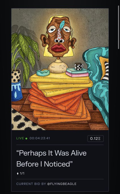 A digital artwork displayed on a live auction platform, titled 'Perhaps It Was Alive Before I Noticed,' depicts a surreal figure sitting on a stack of cushions with a current bid of 0.12 by @FLYINGBEAGLE.
