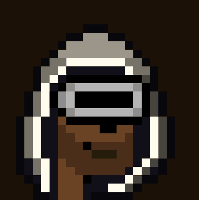 A pixel art image of a hooded figure with a blacked-out visor and a brown scarf or mask against a dark background.