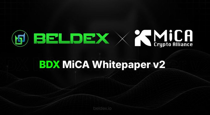 Promotional banner for 'BELDEX x MiCA Crypto Alliance' featuring the title 'BDX MiCA Whitepaper v2' on a dark background with green wave patterns, and the website 'beldex.io' at the bottom.