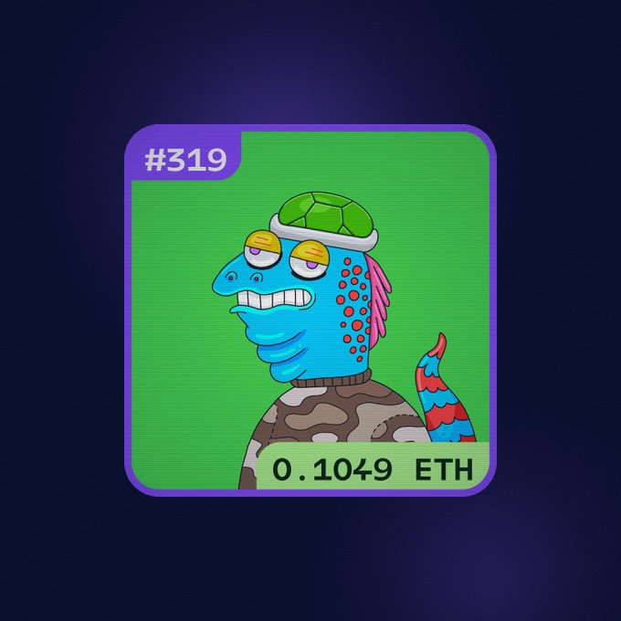 A digital NFT artwork titled '#319' features a stylized blue and red spotted creature with a green turtle shell hat, priced at 0.1049 ETH.