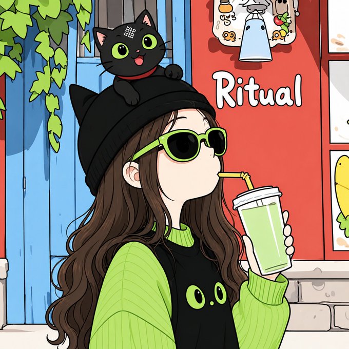 A colorful cartoon-style illustration of a girl in a green sweater and sunglasses with a black cat perched on her black beanie, drinking from a green beverage with the word 'Ritual' displayed prominently in the background.
