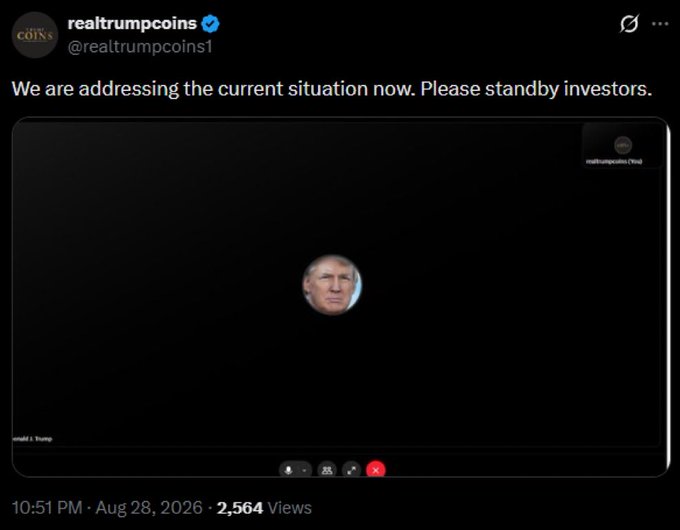 A tweet from "realtrumpcoins" states "We are addressing the current situation now. Please standby investors," while showing a black screen with Donald Trump's face as the only active participant in a video call, implying a failed or problematic situation for investors.