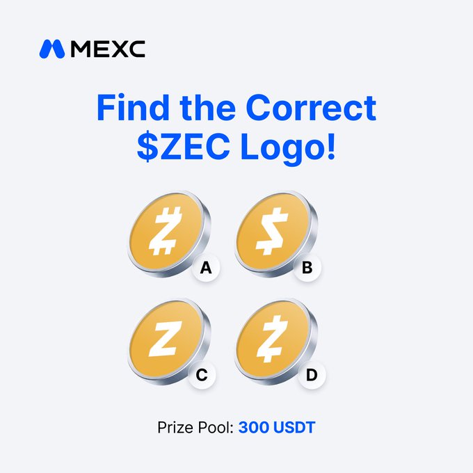 MEXC $ZEC giveaway quiz asking users to identify the correct Zcash logo among four golden coin options (A–D), with a 300 USDT prize pool. The image shows four coin variations where only one displays the authentic $ZEC "Z" symbol, while others feature different letters ($ or Z variants).