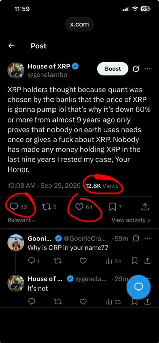 A screenshot of an X (Twitter) post by 'House of XRP' (@genelambo) discussing XRP holders and quantum computing, with 12.8K views, 40 replies, and 64 likes circled in red.