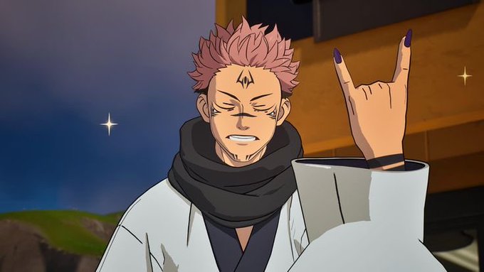 An anime character with spiky pink hair, facial markings, and a black scarf making a hand gesture with two fingers raised.