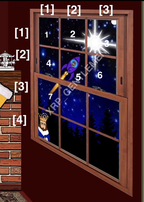 An illustrated numbered puzzle features a window looking out at a night sky with a rocket, stars, and a king, with an inventory of a carousel and beer on the left, labeled "XRP_GENIE".