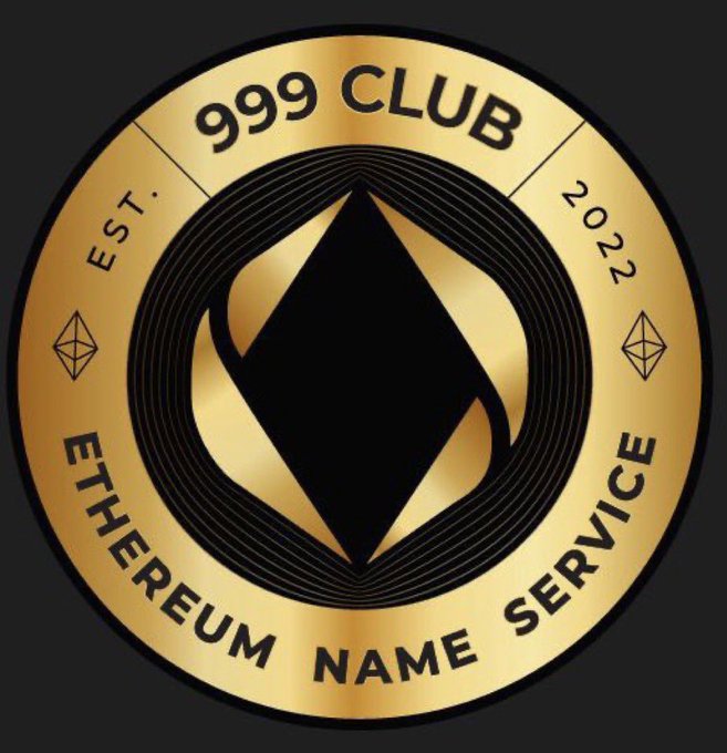 A gold circular badge logo for '999 CLUB EST. 2022 ETHEREUM NAME SERVICE' featuring a black Ethereum diamond symbol in the center.