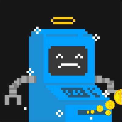 A pixel art illustration of a blue robot character with a halo on its head and a robotic claw arm.