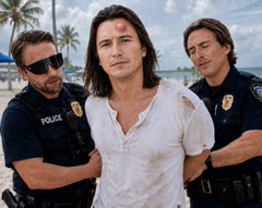 A young man with long dark hair and a bruised forehead is being escorted in handcuffs by two uniformed police officers on a beach. The image humorously illustrates the post's message about "Vlad"—portraying him as someone who dodges accountability, here literally being arrested and led away by law enforcement.