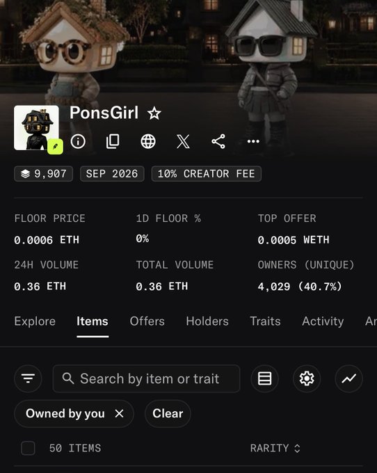The image shows a NFT collection page for "PonsGirl ☆" on a marketplace, displaying key stats including a floor price of 0.0006 ETH, total volume of 0.36 ETH, and 4,029 unique owners (40.7%), with the user filtering to view 50 items they hold, which supports the caption noting they minted "Ponsgirl" early.