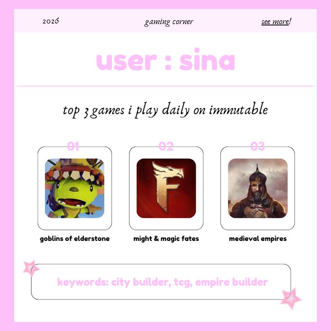 The image shows a webpage featuring a list of top 3 games for an @Immutable gamer and creator. There are three main game examples displayed along with their respective categories (goblins, city builders, emperors).