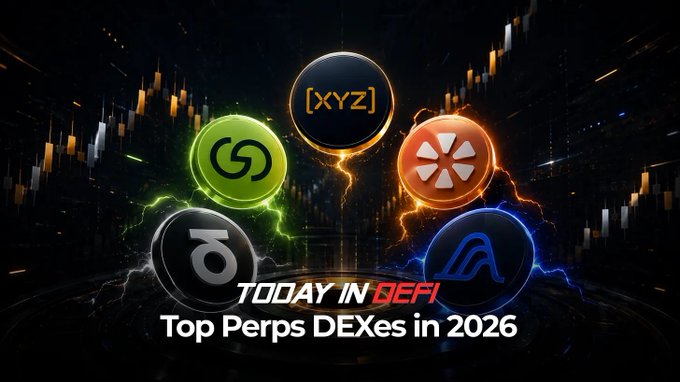 A promotional graphic for 'Today in DeFi' featuring five glowing circular logos against a dark background with lightning effects, titled 'Top Perps DEXs in 2026'.