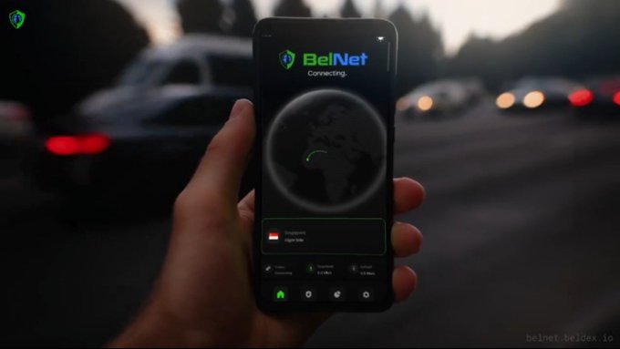 A promotional image showing a hand holding a smartphone displaying the BelNet VPN app with a 'Connecting' status and Singapore server selected, set against a blurred background of cars on a road.