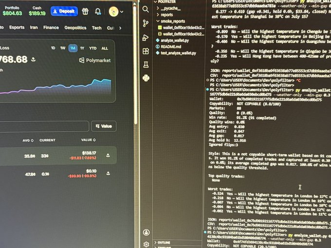 A computer screen showing a trading portfolio dashboard on the left with a loss of 768.68 and a VS Code editor on the right running a Python script that analyzes Polymarket weather predictions.