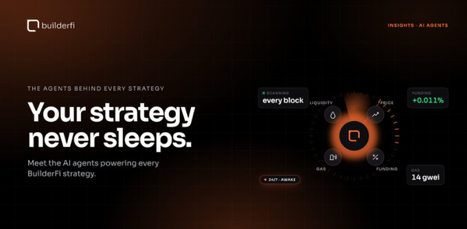 A dark promotional webpage for BuilderFi with the headline 'Your strategy never sleeps' and a circular dashboard displaying crypto metrics like LIQUIDITY, PRICE, GAS, and FUNDING with a 24/7 AGENTS indicator.