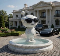 A marble teddy bear statue wearing sunglasses stands in a circular fountain in front of a luxurious mansion, with a black sports car parked in the driveway.

The image conveys a mood of "flexing" wealth and success, aligning with the post's request for blessings on its stake, likely to be shared in a luxury or high-roller gambling community.