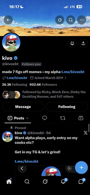 A mobile screenshot of the X (Twitter) social media profile for user 'kivo' (@kivoxbt), showing their pinned post about 'Want alpha plays, early entry on my cooks etc?' and a link to 't.me/kivoxbt'.