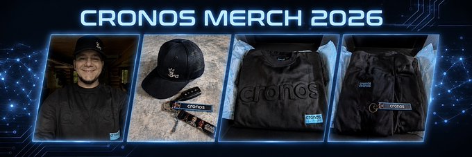 The image features a promotional banner for Cronos merchandise, which includes various items such as hats, shirts, hoodies, and keychains. The banner showcases these products with a man wearing a black hat standing next to them. There are four different images of the man in front of each item, highlighting their designs and styles. The post also mentions that the Cronos app is now available for download on the App Store, indicating that users can easily access and purchase these items through the app.