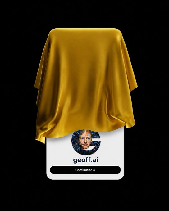 A yellow cloth draped over an object revealing a profile card for 'geoff.ai' with a 'Continue to X' button below.